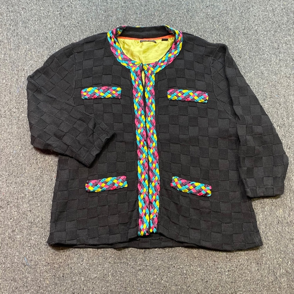 Michael Simon Cardigan Sz 1X Womens Black Braided Trim Textured Knit Sweater